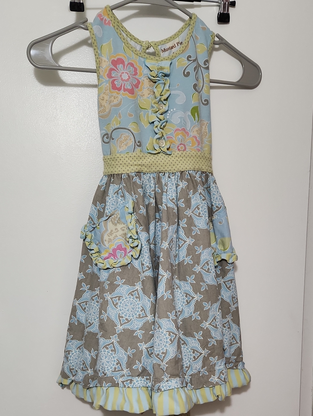 Mustard Pie dress in light blue and mustard polka trim Sz 6.  98% Cotton